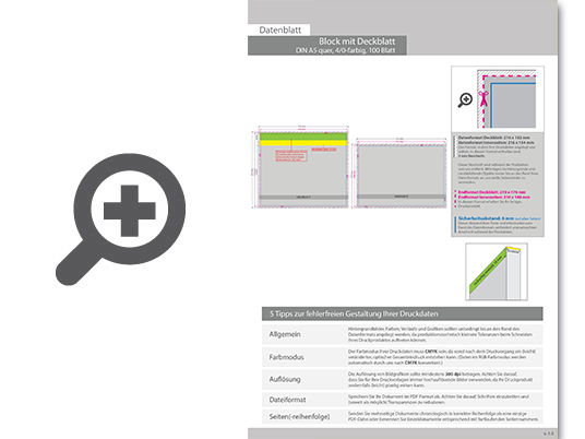 Product Bild block_mit_leimbindung_und_deckblatt__din_a5_quer__100_blatt__4_0_farbig_einseitig_bedruckt